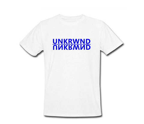 White UNKRWND Tee W/ Blue Logo